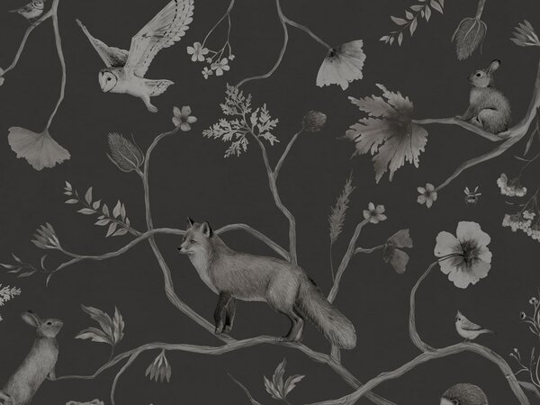 FUGU Tapeta se zvířaty - Playful Forest monochromatic black Materiál: Digitální eko vlies - klasická tapeta nesamolepicí