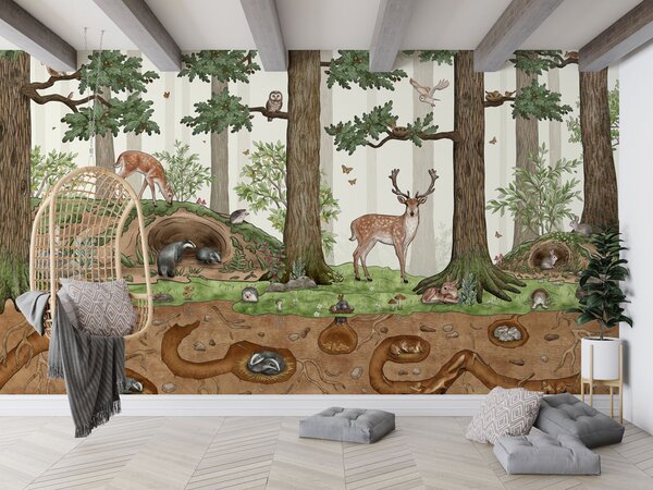 FUGU Tapeta pro děti s lesními zvířátky a jejich norami - Animals in Forest Materiál: Digitální eko vlies - klasická tapeta nesamolepicí