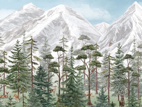 FUGU Tapeta do dětského pokoje horský les - Mountain Forest Materiál: Digitální eko vlies - klasická tapeta nesamolepicí