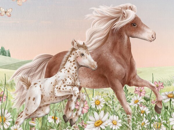 FUGU Kvalitní dětská tapeta s koníky - Happy Horses Materiál: Digitální eko vlies - klasická tapeta nesamolepicí