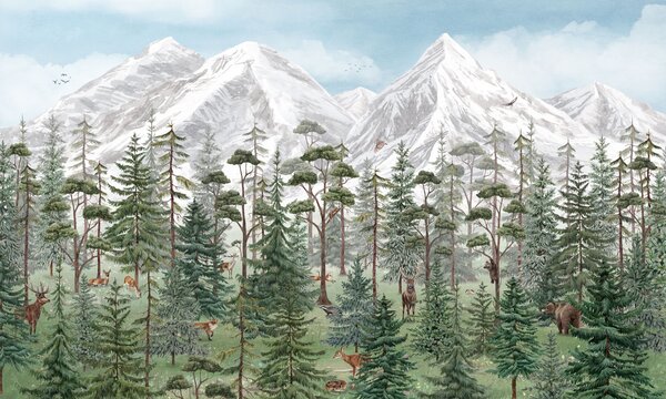 FUGU Tapeta do dětského pokoje horský les - Mountain Forest Materiál: Digitální eko vlies - klasická tapeta nesamolepicí