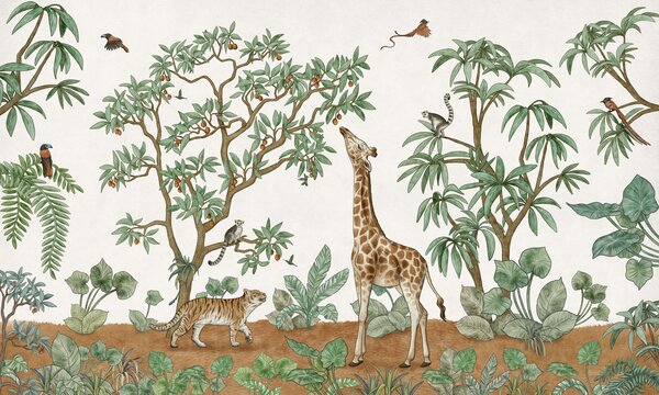 FUGU Kvalitní tapeta pro děti se zvířátky z džungle - Animals in the Jungle Materiál: Digitální eko vlies - klasická tapeta nesamolepicí
