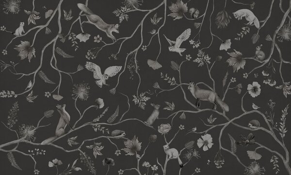 FUGU Tapeta se zvířaty - Playful Forest monochromatic black Materiál: Digitální eko vlies - klasická tapeta nesamolepicí