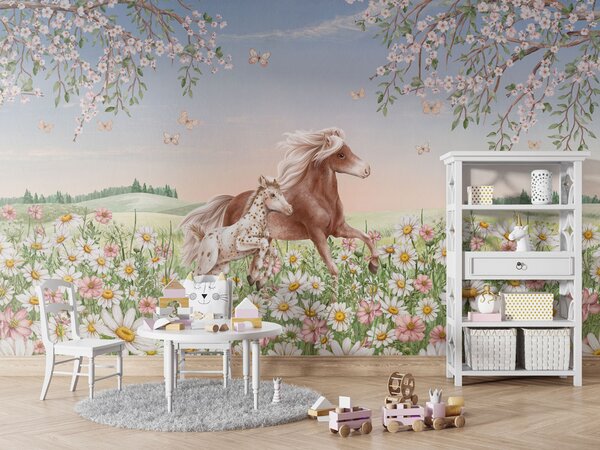 FUGU Kvalitní dětská tapeta s koníky - Happy Horses Materiál: Digitální eko vlies - klasická tapeta nesamolepicí