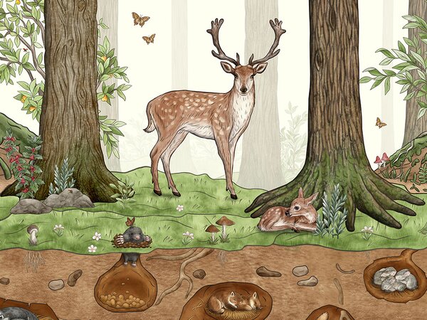FUGU Tapeta pro děti s lesními zvířátky a jejich norami - Animals in Forest Materiál: Digitální eko vlies - klasická tapeta nesamolepicí