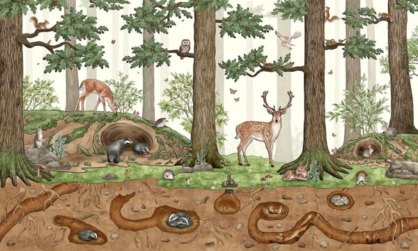 FUGU Tapeta pro děti s lesními zvířátky a jejich norami - Animals in Forest Materiál: Digitální eko vlies - klasická tapeta nesamolepicí