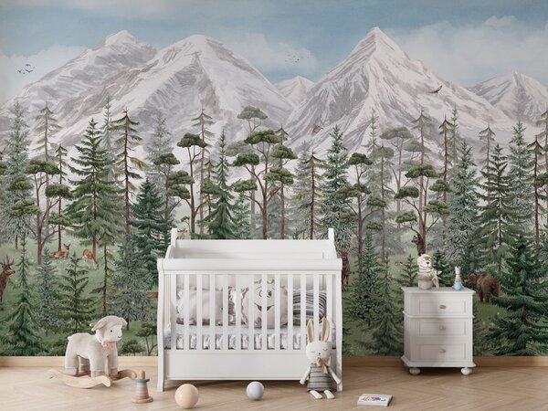 FUGU Tapeta do dětského pokoje horský les - Mountain Forest Materiál: Digitální eko vlies - klasická tapeta nesamolepicí