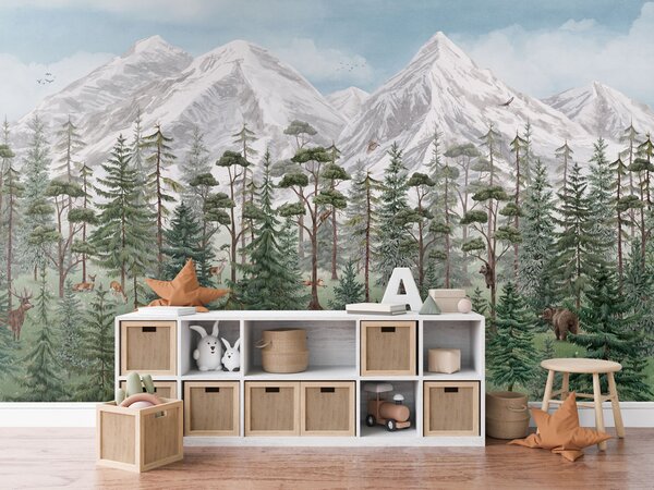 FUGU Tapeta do dětského pokoje horský les - Mountain Forest Materiál: Digitální eko vlies - klasická tapeta nesamolepicí