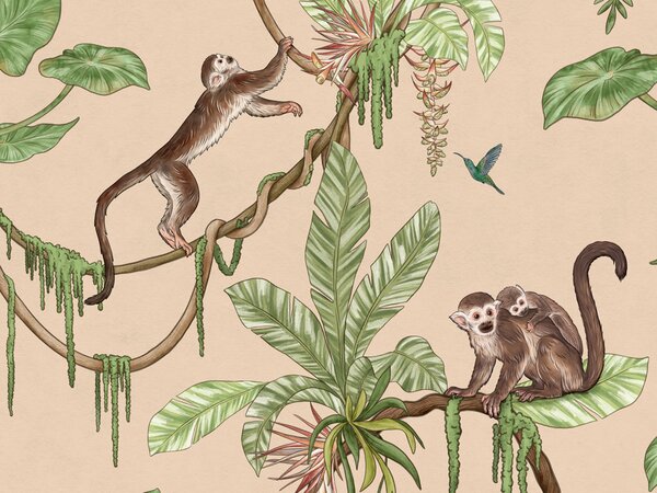 FUGU Tapeta do dětského pokoje s opičkami na liánách - Playful Monkeys béžová Materiál: Digitální eko vlies - klasická tapeta nesamolepicí