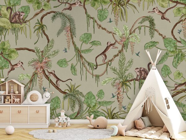 FUGU Tapeta do dětského pokoje s opičkami na liánách - Playful Monkeys zelená Materiál: Digitální eko vlies - klasická tapeta nesamolepicí