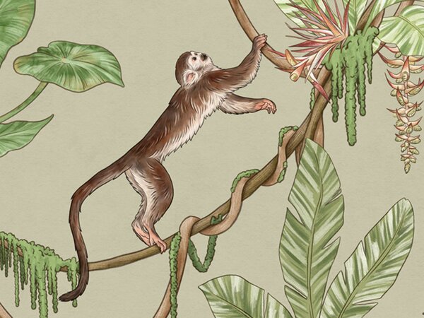FUGU Tapeta do dětského pokoje s opičkami na liánách - Playful Monkeys zelená Materiál: Digitální eko vlies - klasická tapeta nesamolepicí