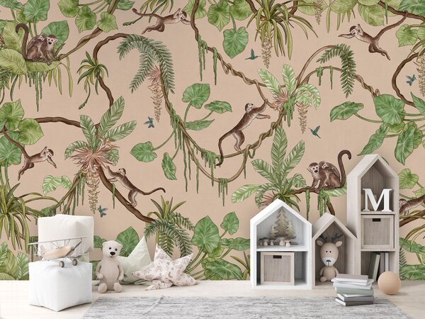 FUGU Tapeta do dětského pokoje s opičkami na liánách - Playful Monkeys béžová Materiál: Digitální eko vlies - klasická tapeta nesamolepicí
