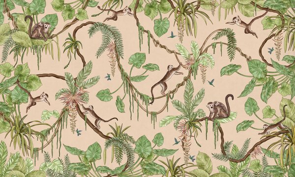 FUGU Tapeta do dětského pokoje s opičkami na liánách - Playful Monkeys béžová Materiál: Digitální eko vlies - klasická tapeta nesamolepicí