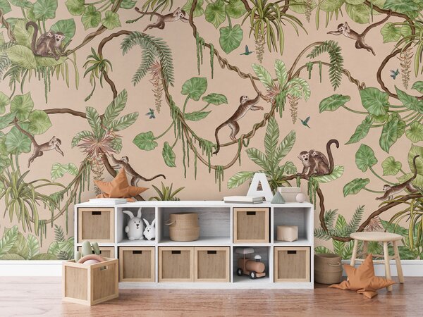 FUGU Tapeta do dětského pokoje s opičkami na liánách - Playful Monkeys béžová Materiál: Digitální eko vlies - klasická tapeta nesamolepicí