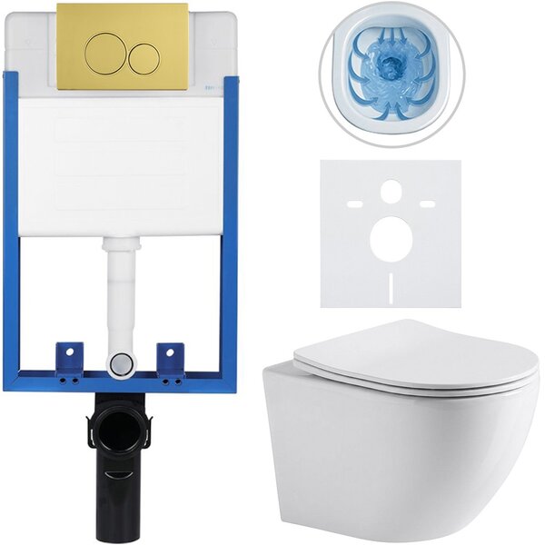 Kompletní WC set Profi/Cesso - bílá lesklá - WC tlačítko Duo/Zlatá - pro zazdění - 49x36 cm