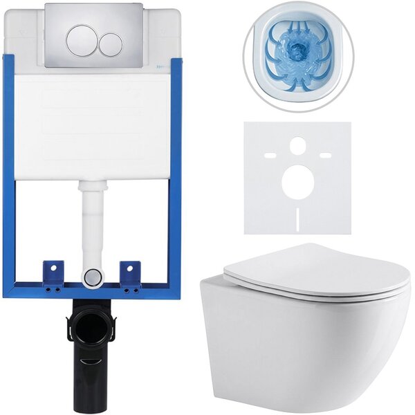 Kompletní WC set Profi/Cesso - bílá lesklá - WC tlačítko Duo/Chrom - pro zazdění - 49x36 cm - 8050BD84210