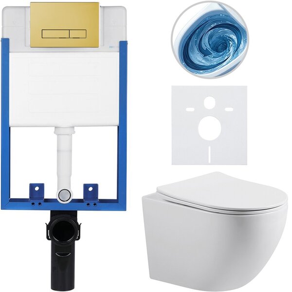 Kompletní WC set Profi/Cesso - bílá lesklá - WC tlačítko Slim/Zlatá - pro zazdění - 49x36 cm - 629754