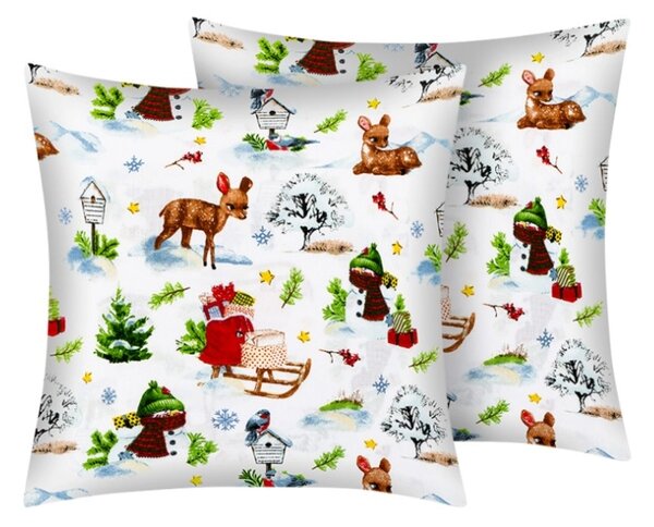 Bellatex Povláček bavlněný vánoce 2ks 40x40 cm Zvířátka v lese Bílá,Zelená