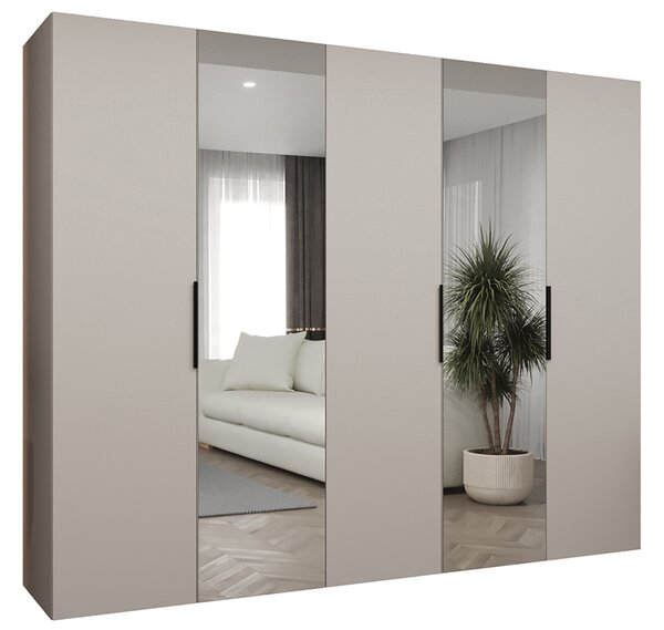 Šatní skříň se zrcadlem MARBELLA 2, otočné dveře, tyč, 250×202×52, kašmír / černé