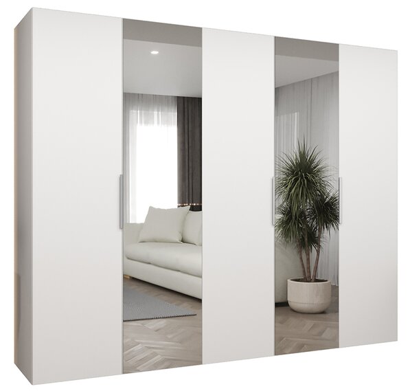 Šatní skříň se zrcadlem MARBELLA 2, otočné dveře, tyč, 250×202×52, bílá mat / kašmírové