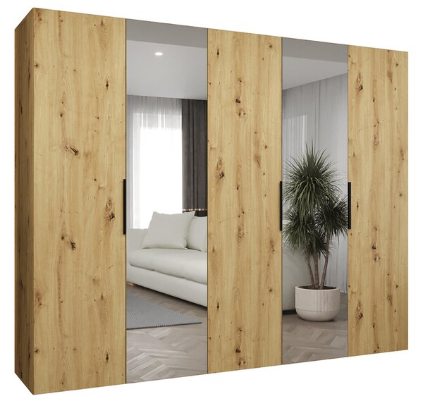 Šatní skříň se zrcadlem MARBELLA 2, otočné dveře, tyč, 250×202×52, DUB Artisan / černé