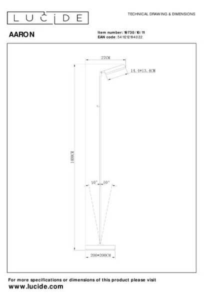 Lucide L197301011 LED stojací lampa AARON | 12W integrovaný LED zdroj | 1000lm | 2700-4000K