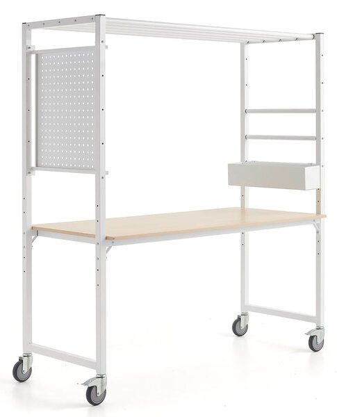 AJ Produkty Mobilní multifunkční stůl TEAMWORK, box na příslušenství, perforovaný panel, bílá/bříza