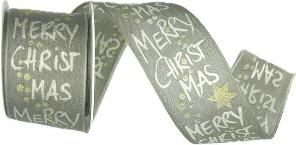 Vánoční stuha látková MERRY CHRISTMAS stříbrná 40mm x 2m (14,-Kč/m)