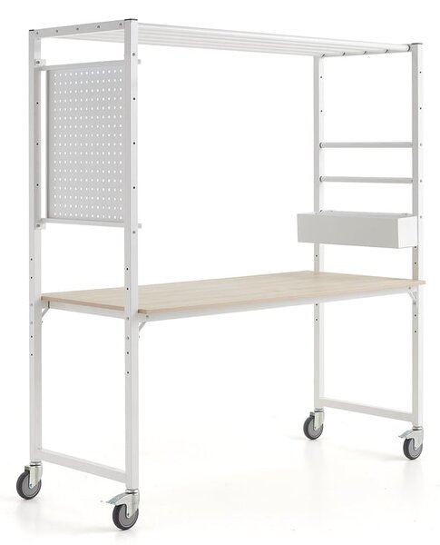 AJ Produkty Mobilní multifunkční stůl TEAMWORK, box na příslušenství, perforovaný panel, bílá/jasan