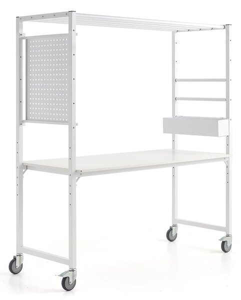 AJ Produkty Mobilní multifunkční stůl TEAMWORK, box na příslušenství, perforovaný panel, bílá