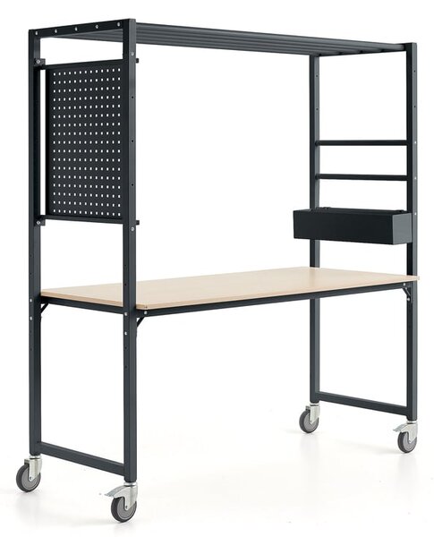 AJ Produkty Mobilní multifunkční stůl TEAMWORK, box na příslušenství, perforovaný panel, antracitová/bříza
