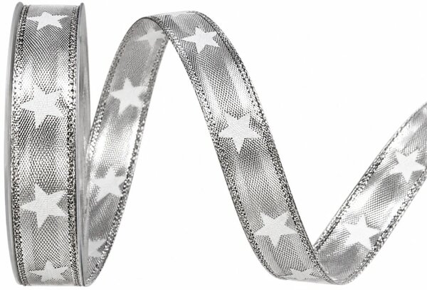 Vánoční stuha WHITE STARS stříbrná lurexová s bílými hvězdami 15mm x 20m
