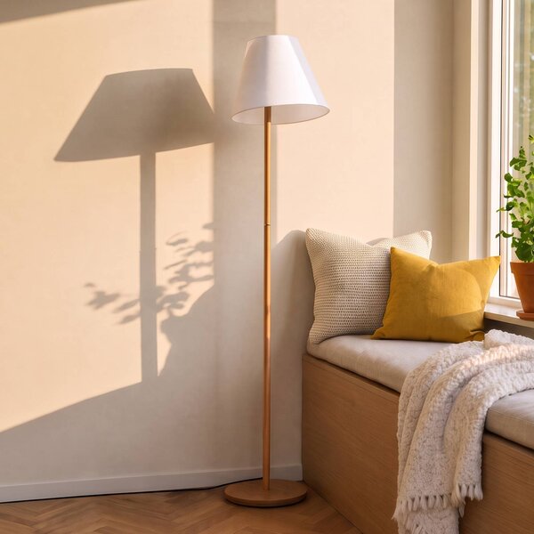 Lucande Stojací lampa Jinda, bílá, dřevo, látka, 160 cm, E27, Bílá / opál, Obývací pokoj / jídelna, Textil / tkanina / hedvábí, Skandinávský