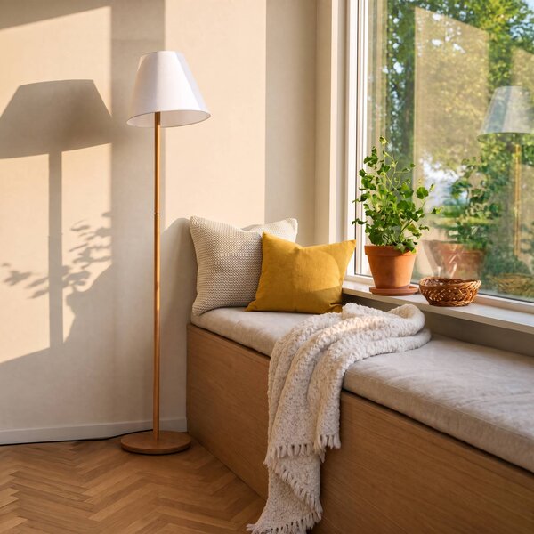 Lucande Stojací lampa Jinda, bílá, dřevo, látka, 160 cm, E27, Bílá / opál, Obývací pokoj / jídelna, Textil / tkanina / hedvábí, Skandinávský