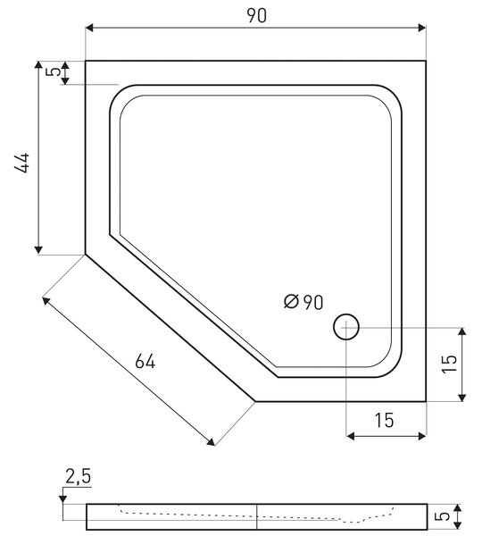 Novoterm Pětiúhelníková akrylátová sprchová vanička NV-Prato Slim 90x90 černá, nízká