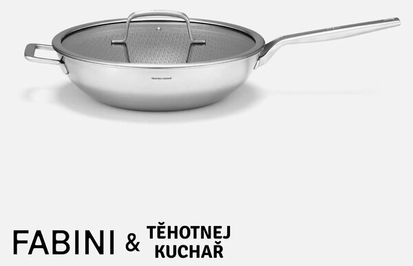 Fabini Wok pánev FABINI & Těhotnej kuchař 2.0, ø 30 cm - Nerezová beznýtová pánev s hybridním keramickým povrchem z vícevrstvé nerezové oceli s poklicí