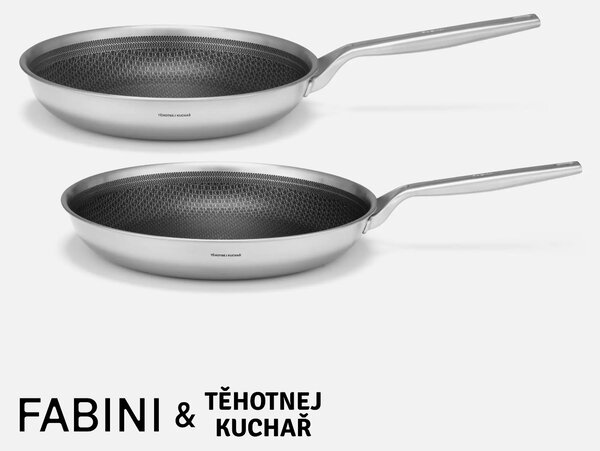 Fabini Sada pánví FABINI & Těhotnej kuchař 2.0, ø 26 cm + ø 30 cm, 2 díly - Nerezové beznýtové pánve s hybridním keramickým povrchem z vícevrstvé nerezové oceli