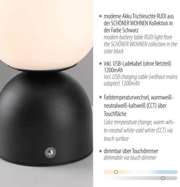 PAUL NEUHAUS JUST LIGHT Kolekce Schöner Wohnen LED bateriové stolní svítidlo RUDI, černé, přes USB 3000-6000K