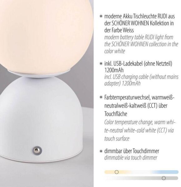 PAUL NEUHAUS JUST LIGHT Kolekce Schöner Wohnen LED bateriové stolní svítidlo RUDI, bílé, přes USB 3000-6000K