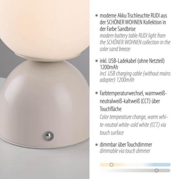 PAUL NEUHAUS JUST LIGHT Kolekce Schöner Wohnen LED bateriové stolní svítidlo RUDI, písková barva, přes USB 3000-6000K