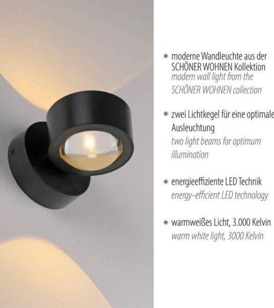 PAUL NEUHAUS JUST LIGHT Kolekce Schöner Wohnen LED nástěnné svítidlo CHIA, černé, Up- & Downlight 3000K