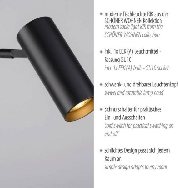 PAUL NEUHAUS JUST LIGHT Kolekce Schöner Wohnen LED stolní lampa RIK, černá, třída A, otočné a nastavitelné, šňůrový vypínač 3000K