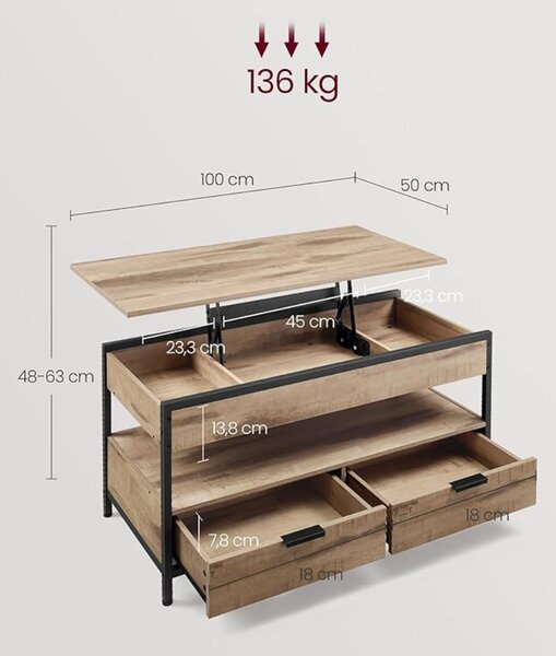 Výškově nastavitelný konferenční stolek GASPAR, 50x100x(48-63)cm, camel hnědá/černá Vasagle