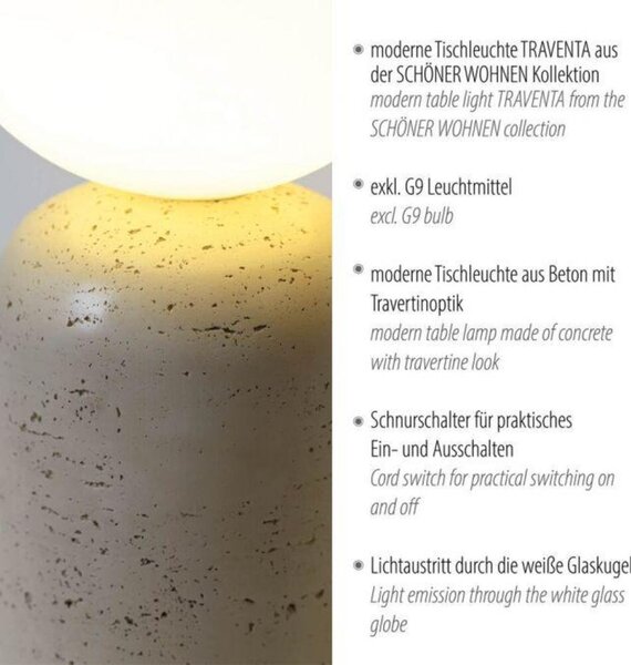 PAUL NEUHAUS JUST LIGHT Kolekce Schöner Wohnen stolní lampa TRAVENTA, písková barva, vzhled travertinu, nastavitelná hlava, G9 volitelná žárovka