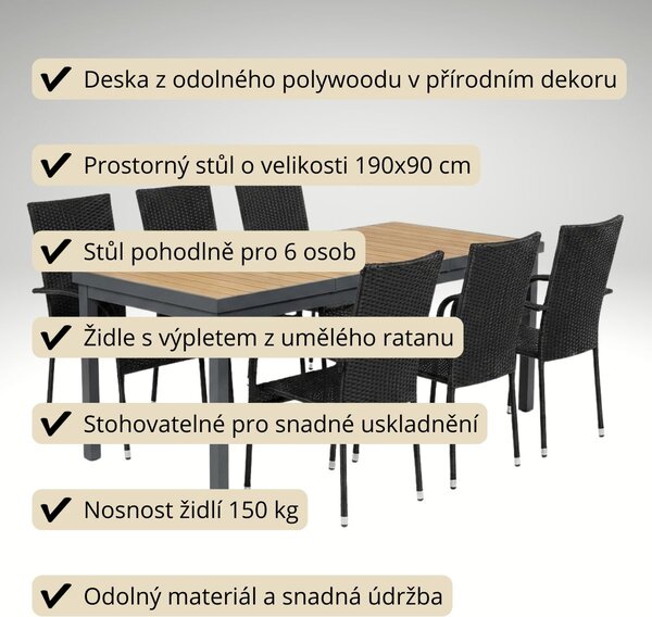 Vikio Zahradní set 190x90 pro 6 osob přírodní DT254-190P
