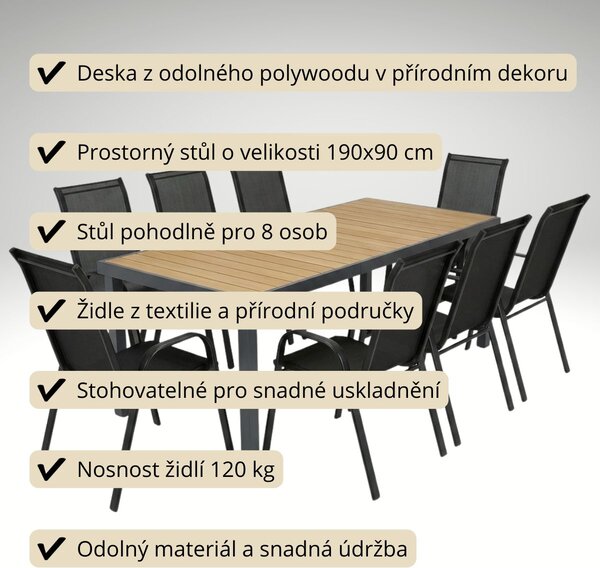 Vikio Venkovní zahradní set 190x90 pro 8 osob přírodní DK305-190P