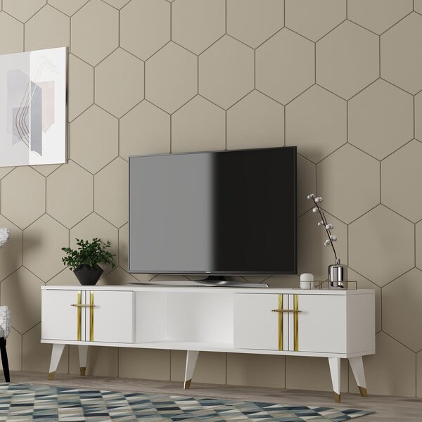 Elegantní televizní stolek, bílý a zlatý, 150 cm, povrch potažený melaminem