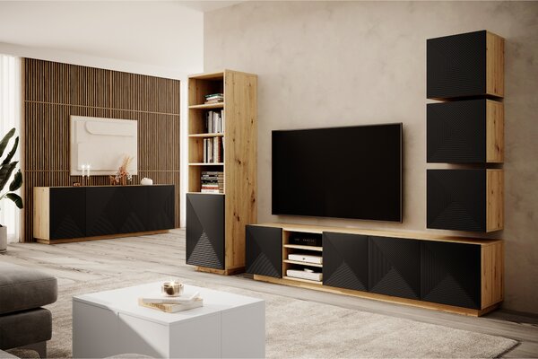 Moderní komoda Asha 200 cm čtyřdveřová - artisan / černý mat