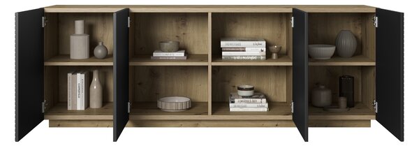 Moderní komoda Asha 200 cm čtyřdveřová - artisan / černý mat