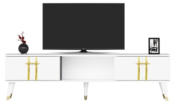 Elegantní televizní stolek, bílý a zlatý, 150 cm, povrch potažený melaminem